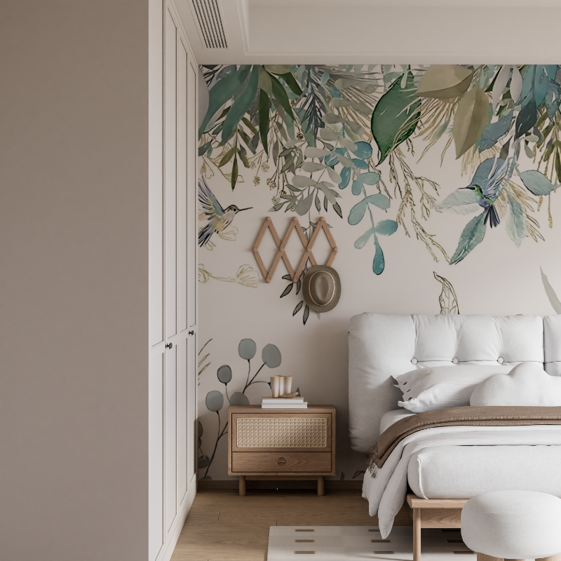 Botanical Mural Wallpaper | Watercolor Birds and Foliage