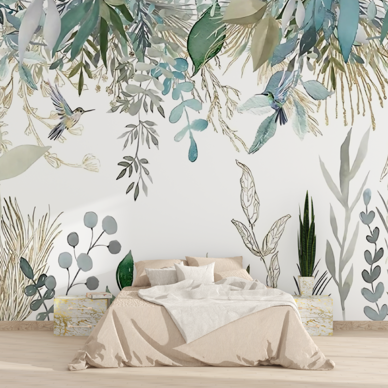 Botanical Mural Wallpaper | Watercolor Birds and Foliage