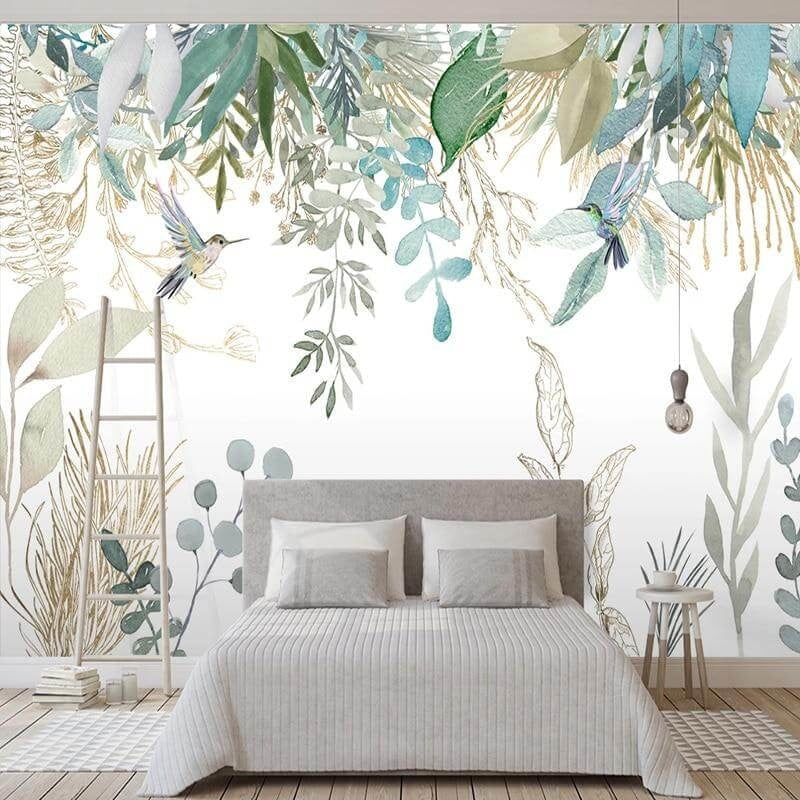 Botanical Mural Wallpaper | Watercolor Birds and Foliage