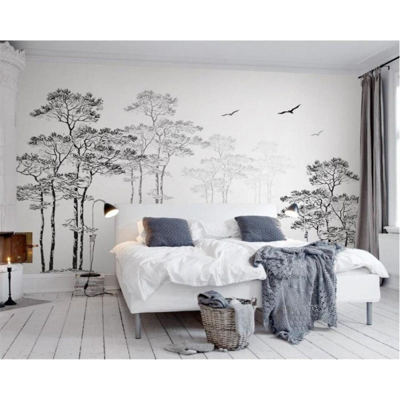 Forest Mural Wallpaper | Black and White Tree Silhouettes