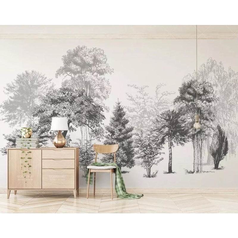 Forest Mural Wallpaper | Black and White Tree Silhouettes