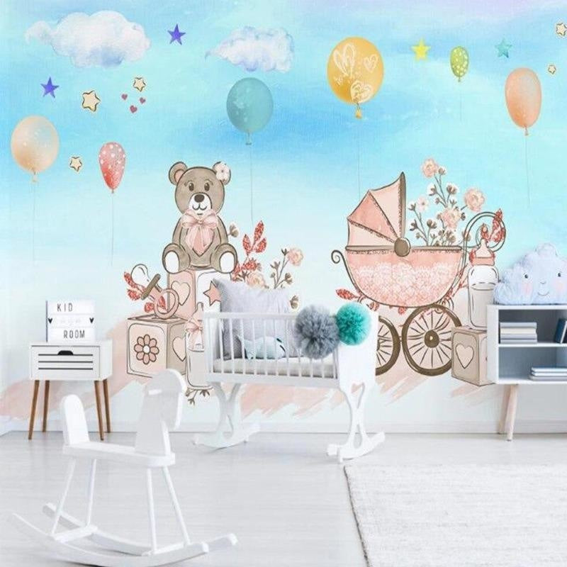 Nursery Mural Wallpaper | Teddy Bear and Carriage Design