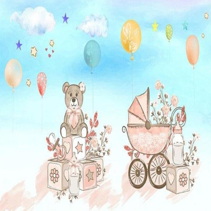 Nursery Mural Wallpaper | Teddy Bear and Carriage Design