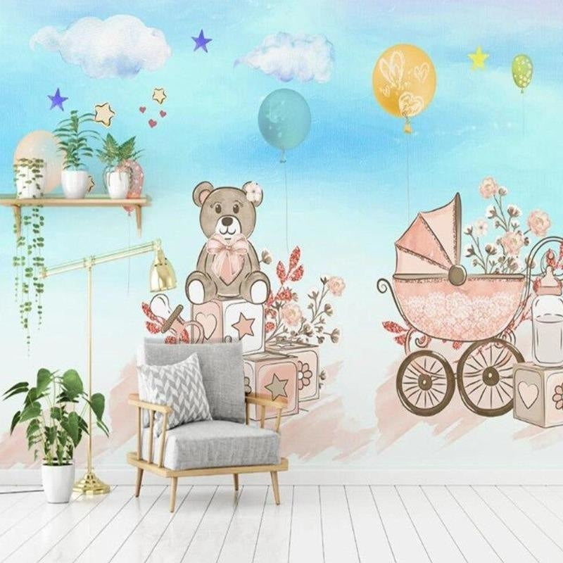 Nursery Mural Wallpaper | Teddy Bear and Carriage Design