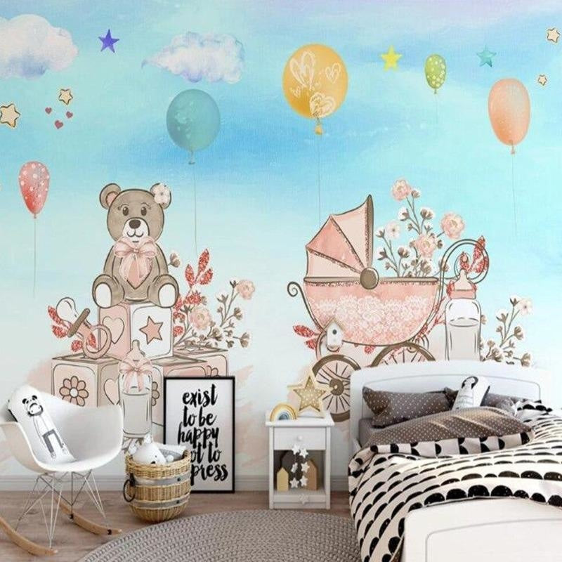 Nursery Mural Wallpaper | Teddy Bear and Carriage Design
