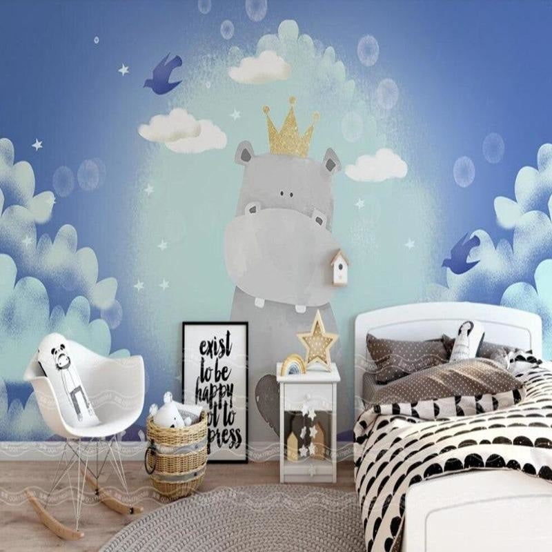 Kids Mural Wallpaper | Royal Hippo with Golden Crown