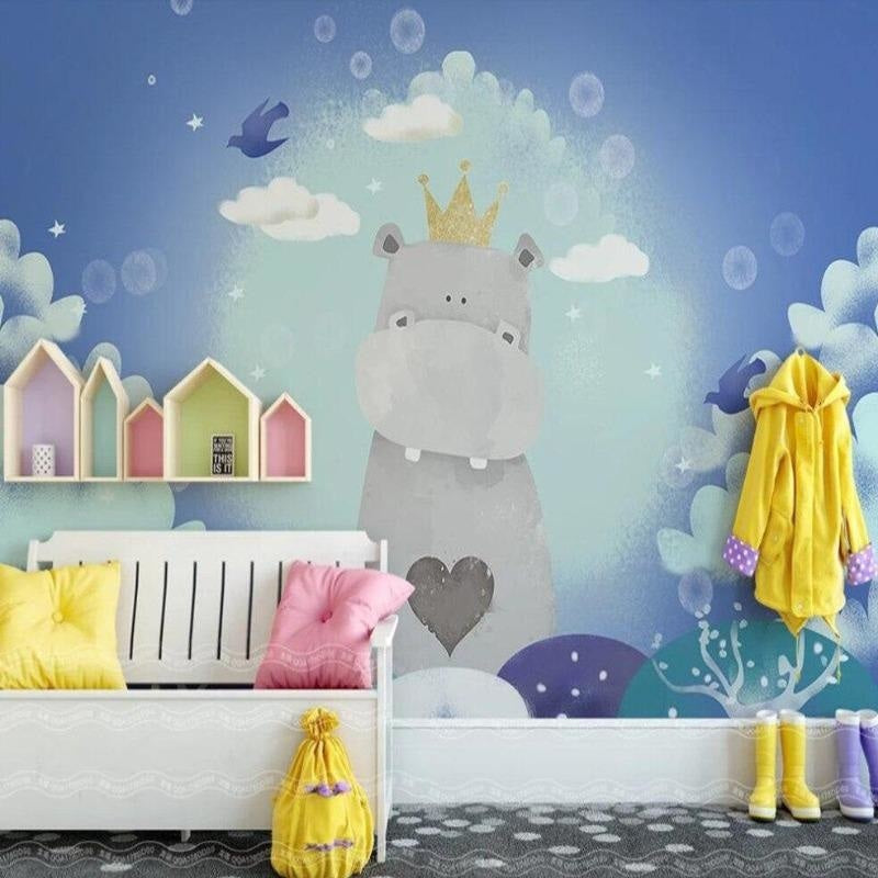 Kids Mural Wallpaper | Royal Hippo with Golden Crown
