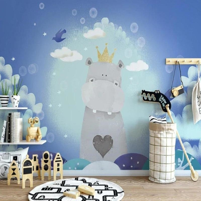 Kids Mural Wallpaper | Royal Hippo with Golden Crown