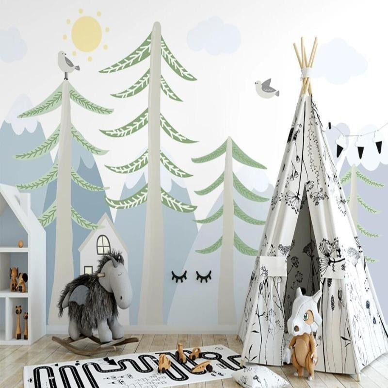 Forest Mural Wallpaper | Pine Trees and Mountain Scene