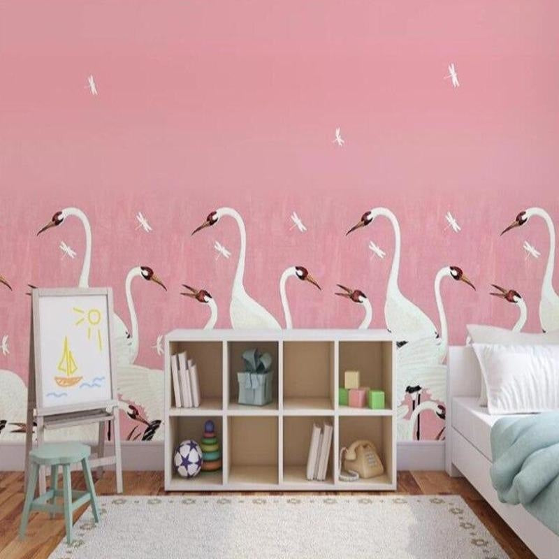 Birds Mural Wallpaper | Elegant White Cranes on Pink