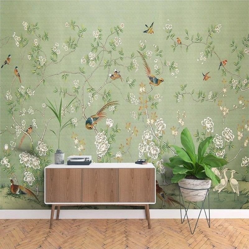Birds Mural Wallpaper | Vintage Green Floral Design with Cranes