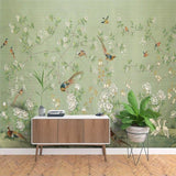 Birds Mural Wallpaper | Vintage Green Floral Design with Cranes