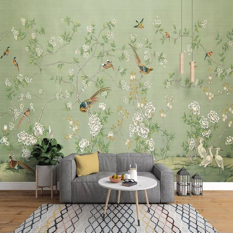 Birds Mural Wallpaper | Vintage Green Floral Design with Cranes