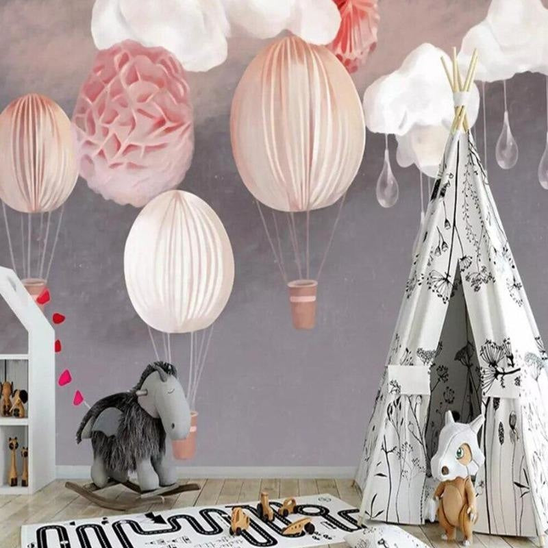 Hot Air Balloon Mural Wallpaper | Pink Nursery Design with Clouds