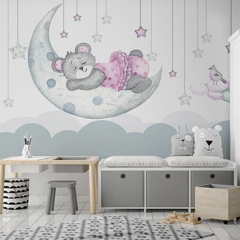 Teddy Bear Mural Wallpaper | Dreamy Moon and Stars Design