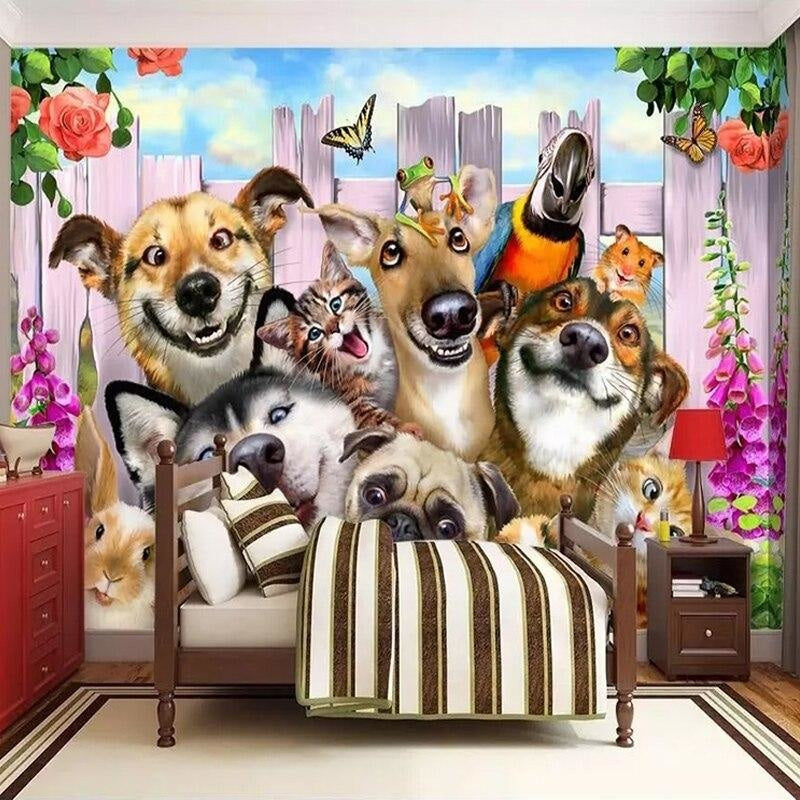 Pets Mural Wallpaper | Playful Dogs and Cats Garden Scene