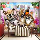 Pets Mural Wallpaper | Playful Dogs and Cats Garden Scene