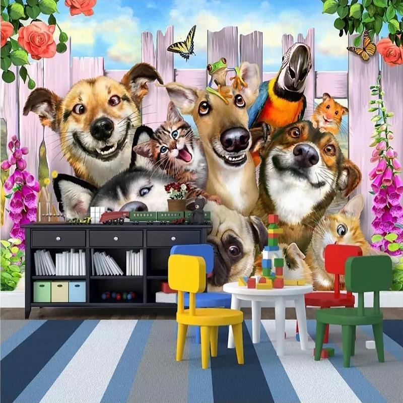 Pets Mural Wallpaper | Playful Dogs and Cats Garden Scene