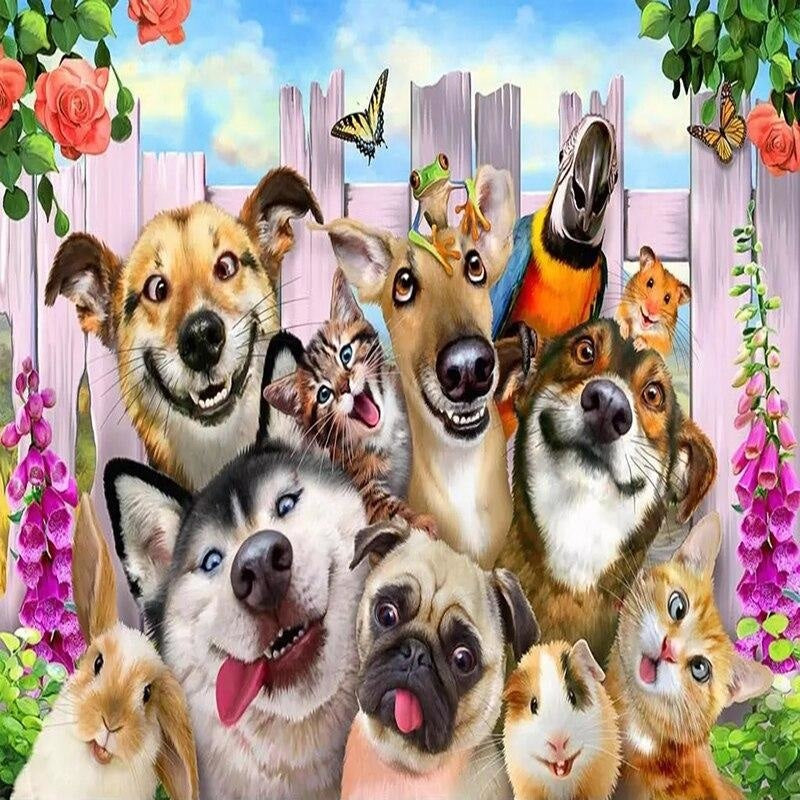Pets Mural Wallpaper | Playful Dogs and Cats Garden Scene