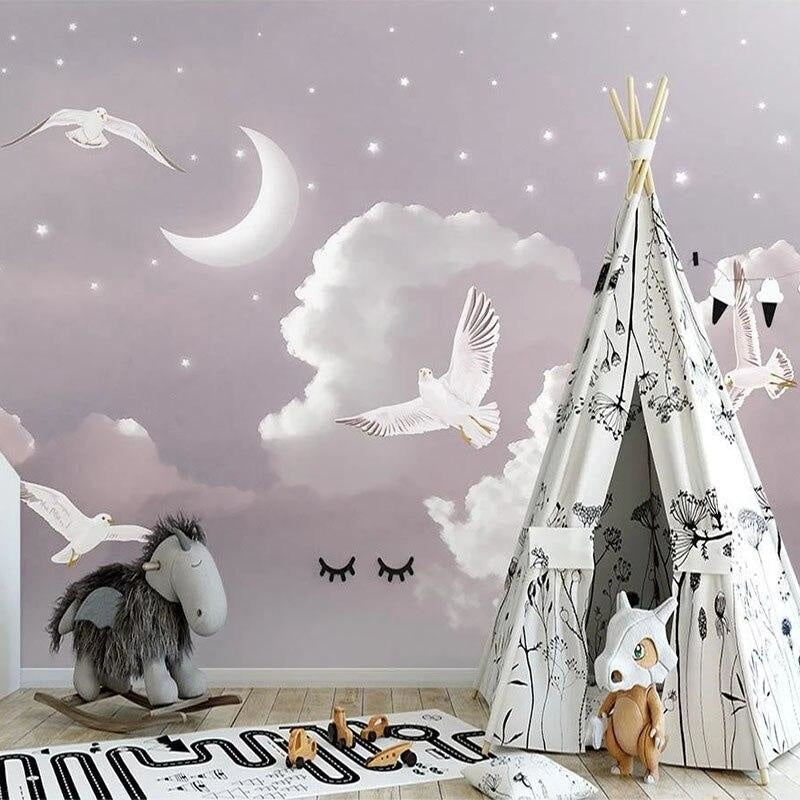Night Sky Mural Wallpaper | Dreamy Clouds and White Doves
