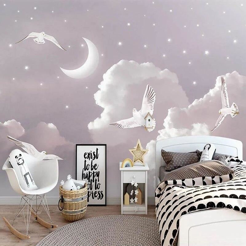 Night Sky Mural Wallpaper | Dreamy Clouds and White Doves