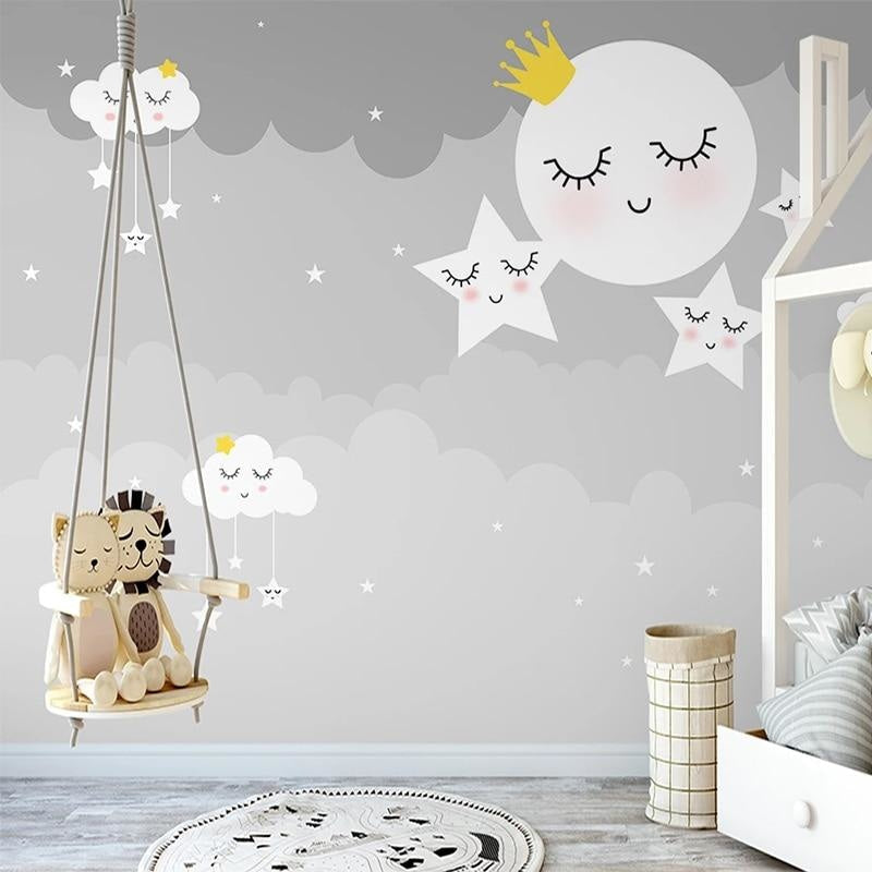 Kids Mural Wallpaper | Dreamy Moon and Stars with Clouds