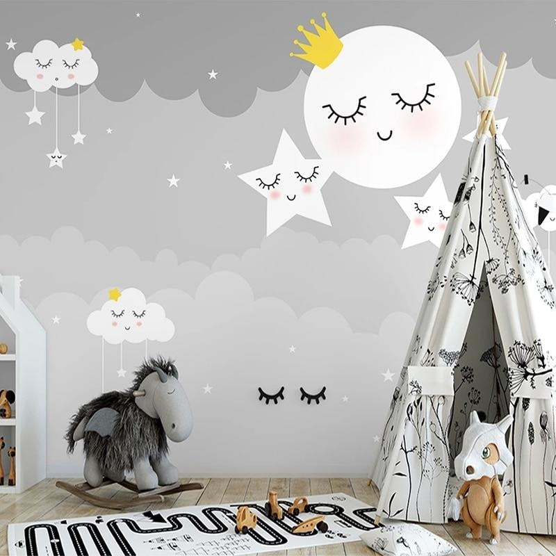 Kids Mural Wallpaper | Dreamy Moon and Stars with Clouds