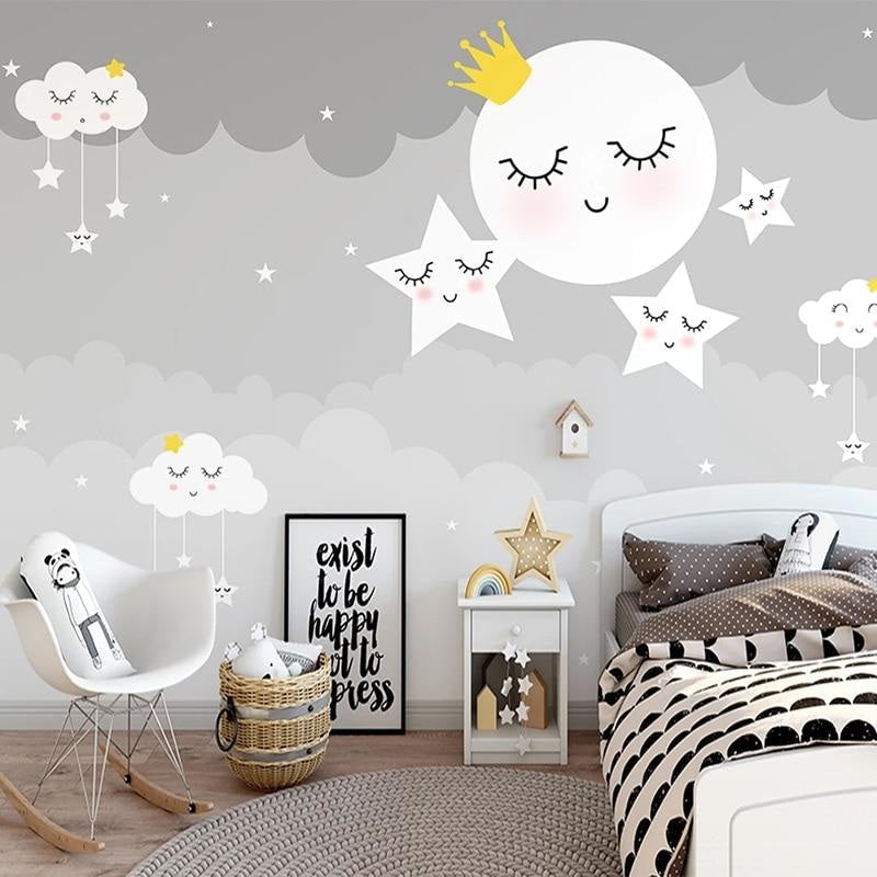 Kids Mural Wallpaper | Dreamy Moon and Stars with Clouds