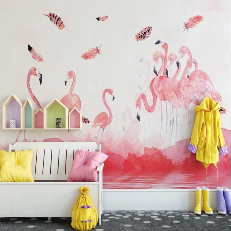Flamingo Mural Wallpaper | Pink Watercolor with Floating Feathers