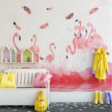 Flamingo Mural Wallpaper | Pink Watercolor with Floating Feathers