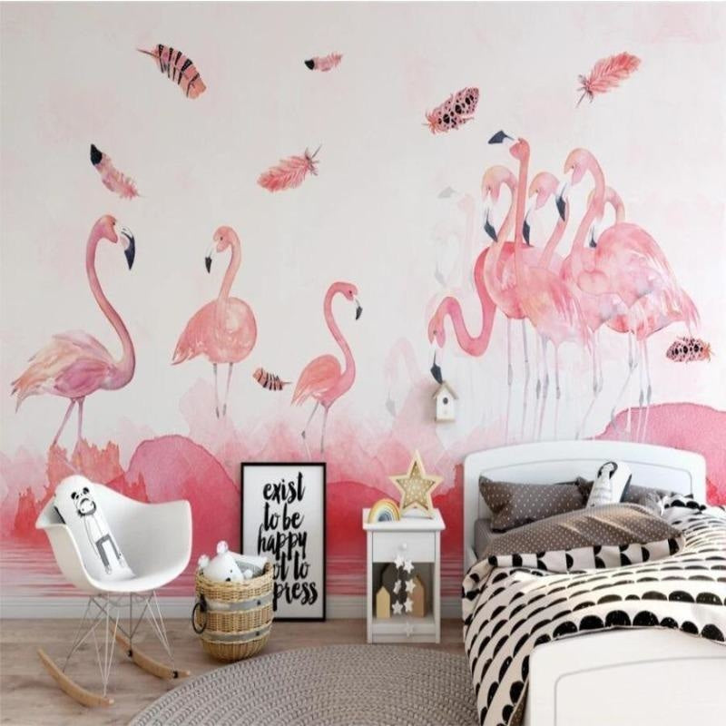 Flamingo Mural Wallpaper | Pink Watercolor with Floating Feathers