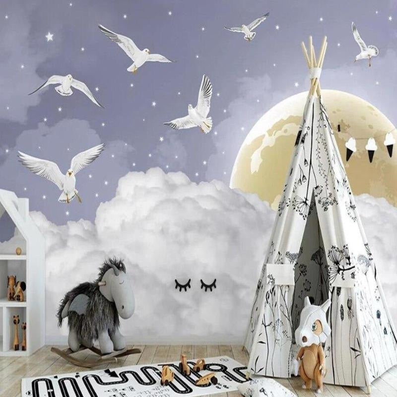Sky Mural Wallpaper | Dreamy White Doves and Moon