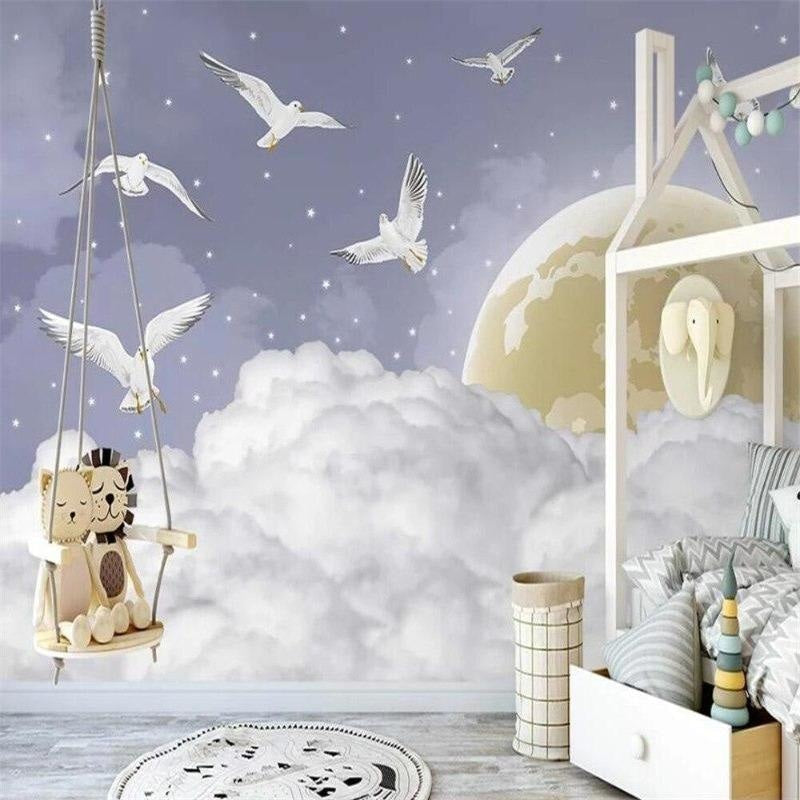 Sky Mural Wallpaper | Dreamy White Doves and Moon