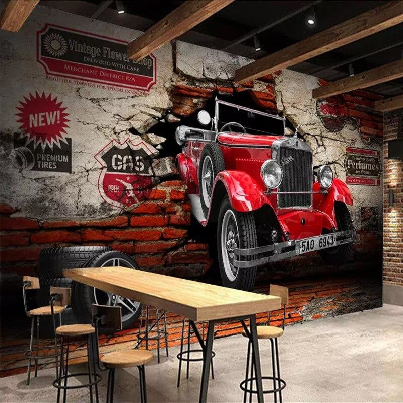 Vintage Car Mural Wallpaper | 3D Red Classic Auto Brick Design
