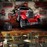 Vintage Car Mural Wallpaper | 3D Red Classic Auto Brick Design