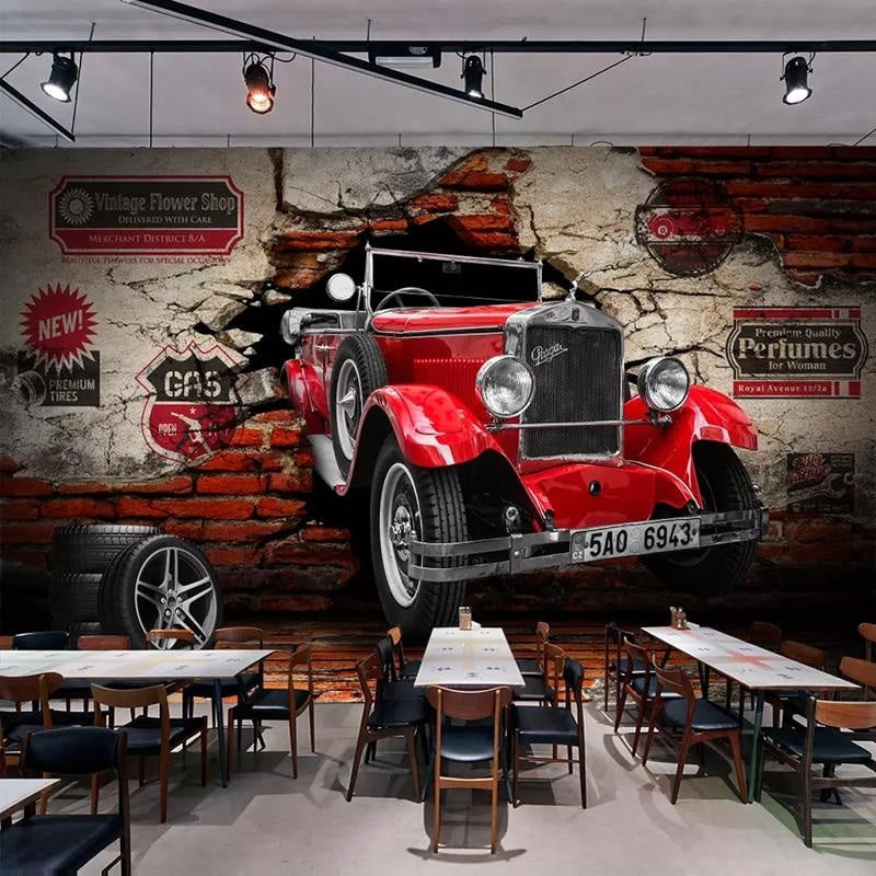 Vintage Car Mural Wallpaper | 3D Red Classic Auto Brick Design