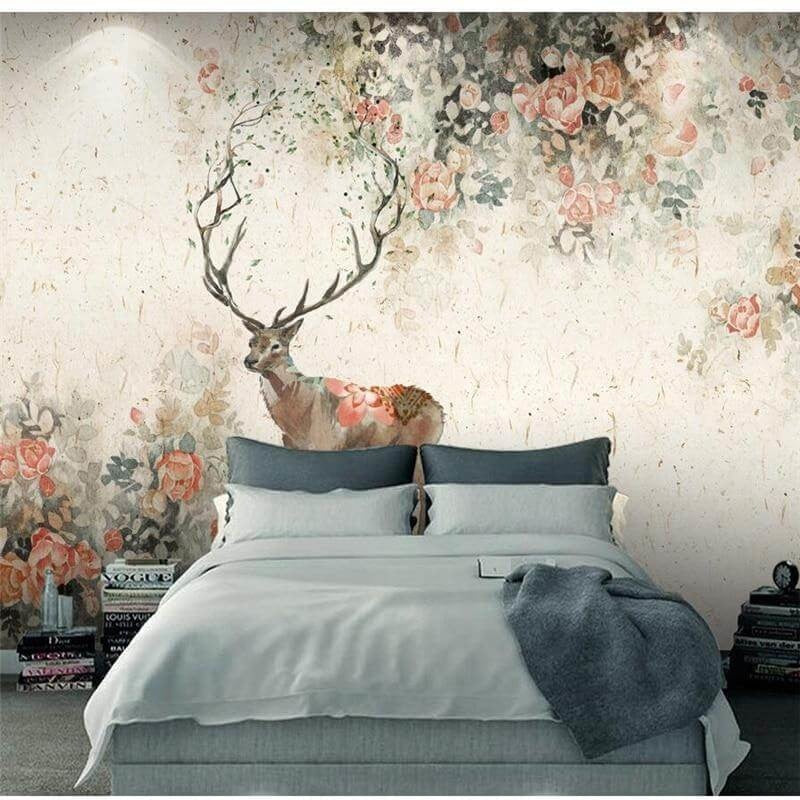 Forest Animal Mural Wallpaper | Floral Deer with Antler Branches