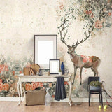 Forest Animal Mural Wallpaper | Floral Deer with Antler Branches