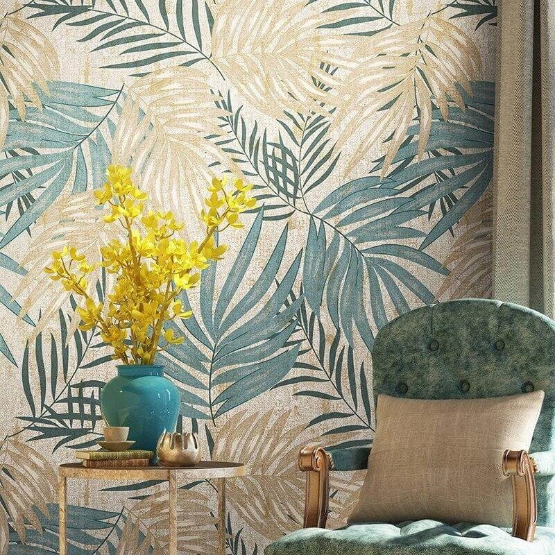 Tropical Mural Wallpaper | Beige and Teal Palm Leaves