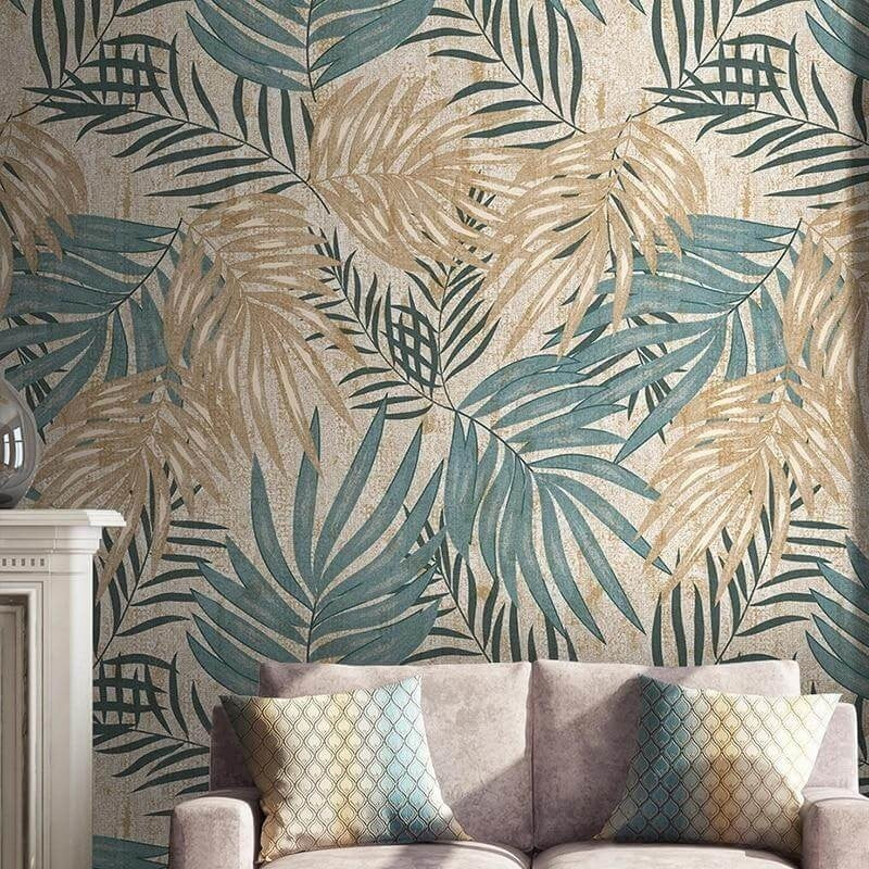 Tropical Mural Wallpaper | Beige and Teal Palm Leaves