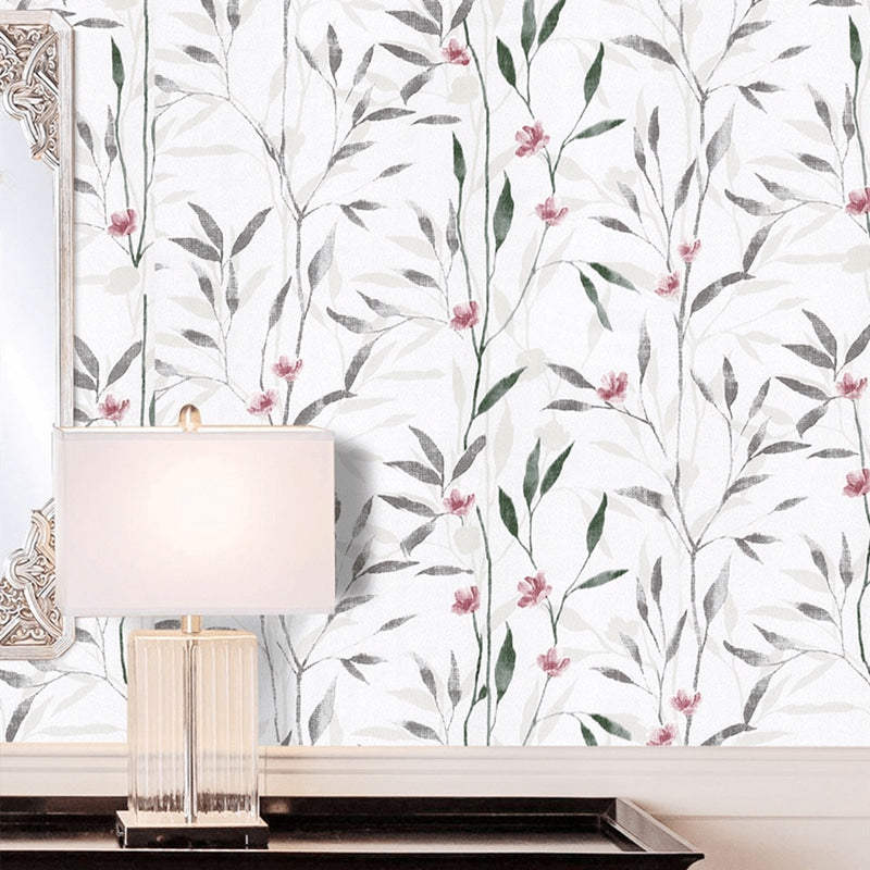 Floral Mural Wallpaper | Delicate Pink Blossoms and Grey Leaves
