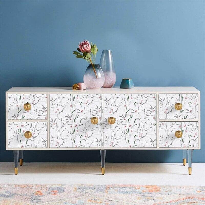 Floral Mural Wallpaper | Delicate Pink Blossoms and Grey Leaves
