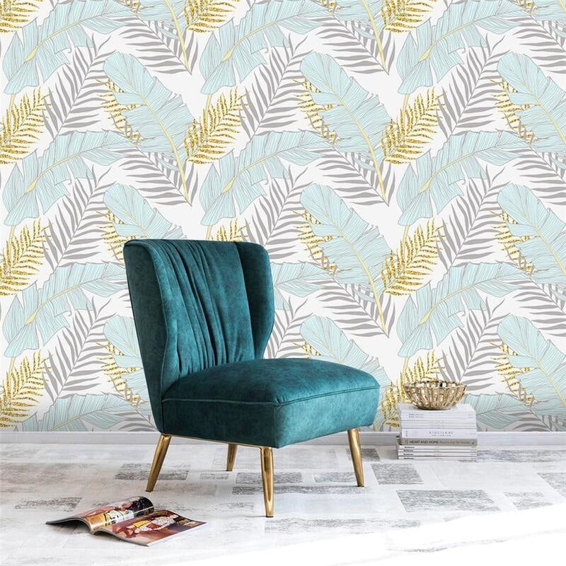 Tropical Mural Wallpaper | Pastel Blue and Gold Palm Leaves