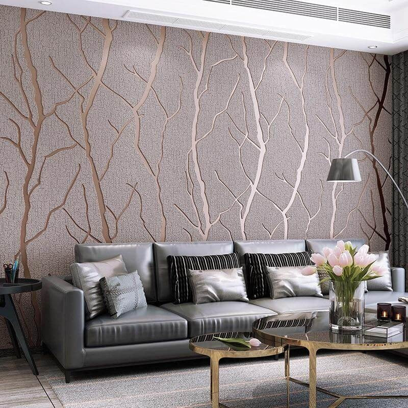 Tree Branch Mural Wallpaper | Modern Grey and Rose Gold Design