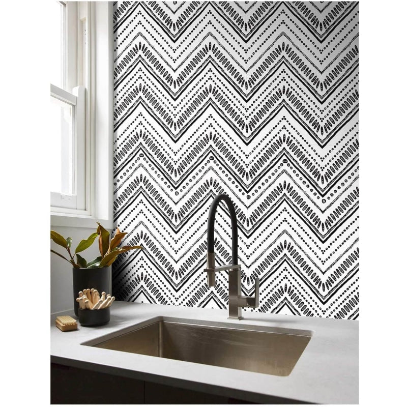 Geometric Mural Wallpaper | Black and White Chevron Pattern