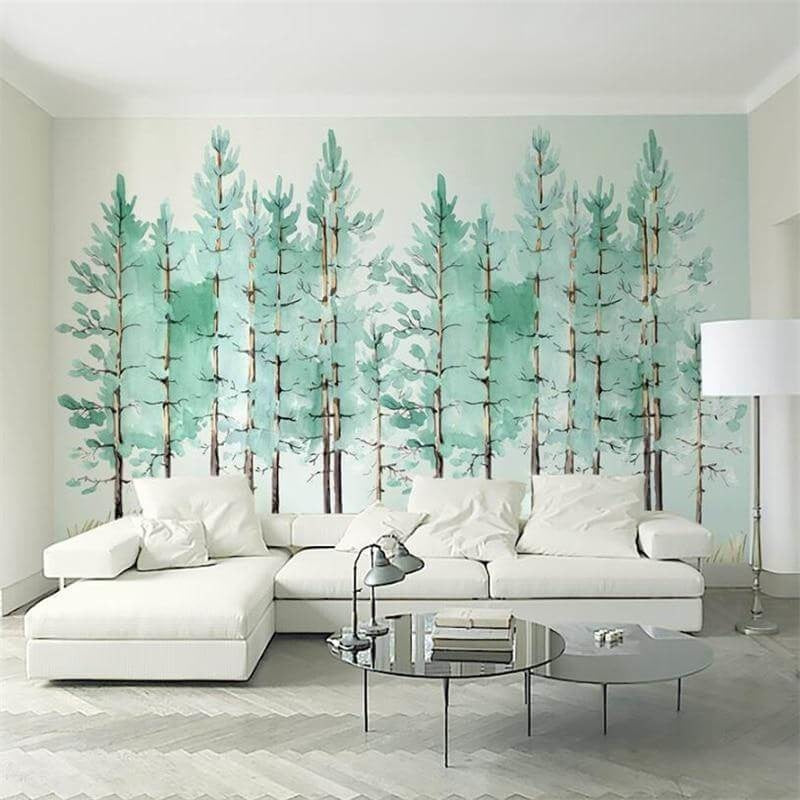 Pine Tree Mural Wallpaper | Watercolor Mint Forest Design