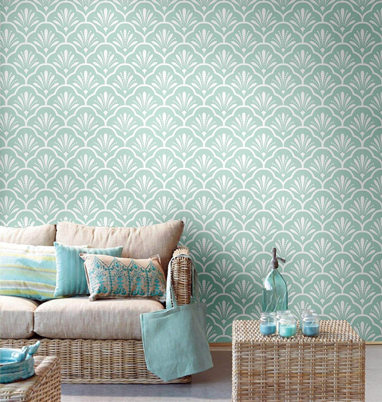 Art Deco Mural Wallpaper | Mint Green Fan Pattern