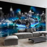 Sports Car Mural Wallpaper | Dynamic Blue Water Splash Design