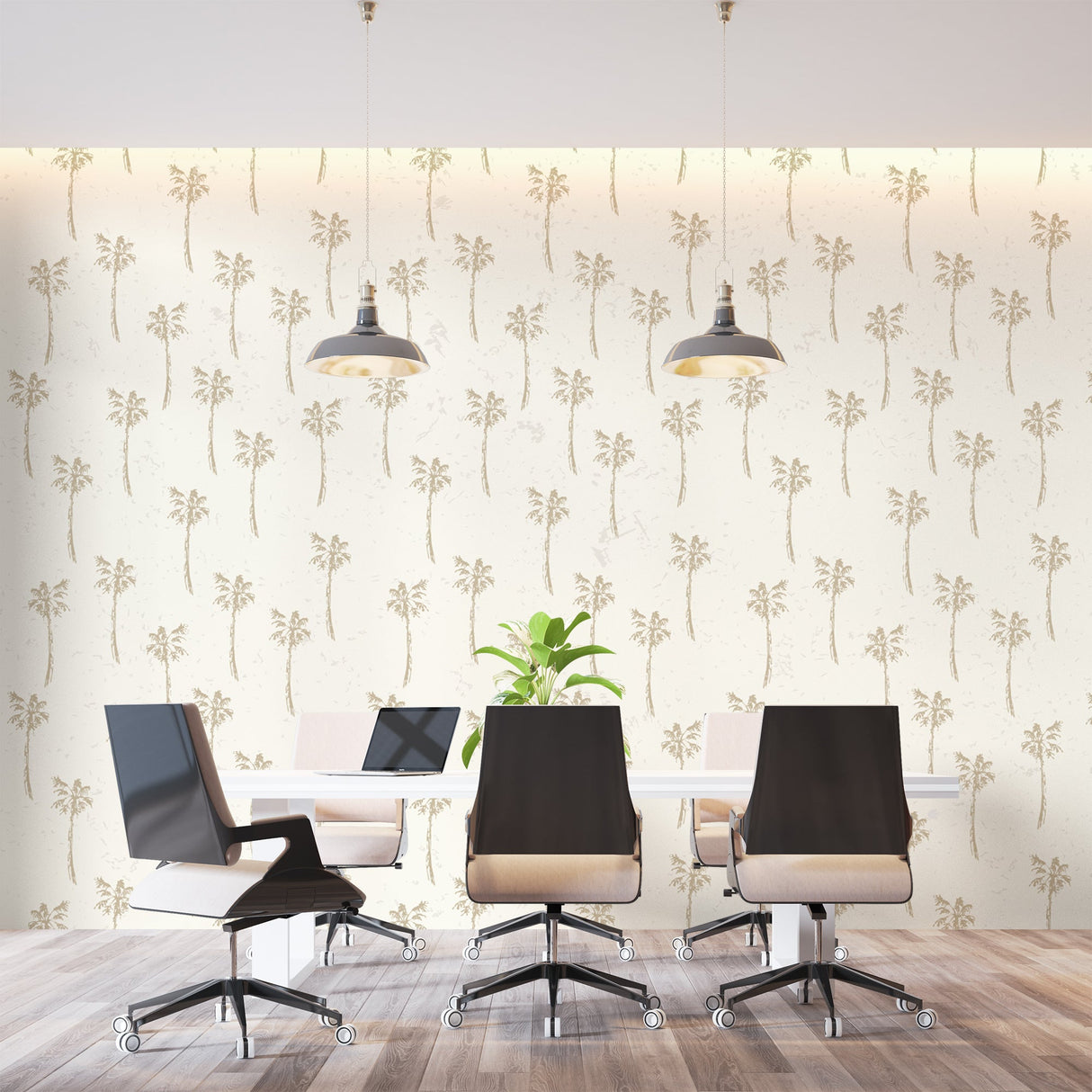Palm Tree Mural Wallpaper | Elegant Beige Pattern on White