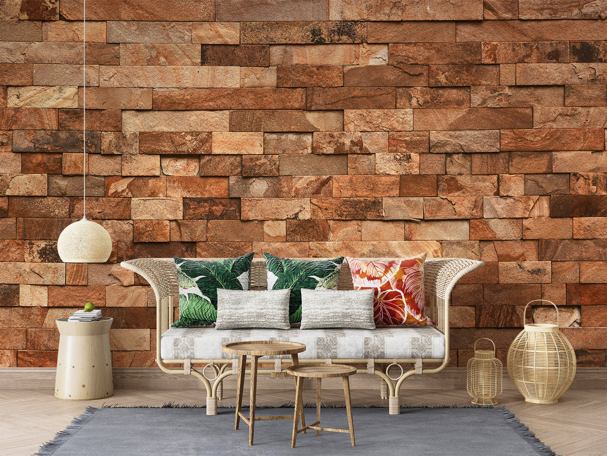 Stone Mural Wallpaper | Rustic Terracotta Brick Design